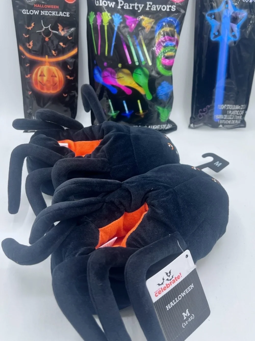 Celebrate Halloween Kids Black Spider Critter Slippers M (11-12) & Glow Toy Lot